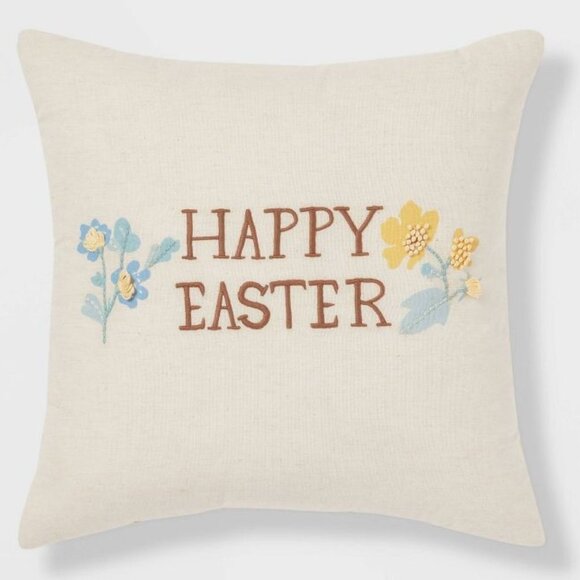 NWT - 'Happy Easter' Embroidered Square Throw Pillow Neutral Easter - Picture 1 of 4